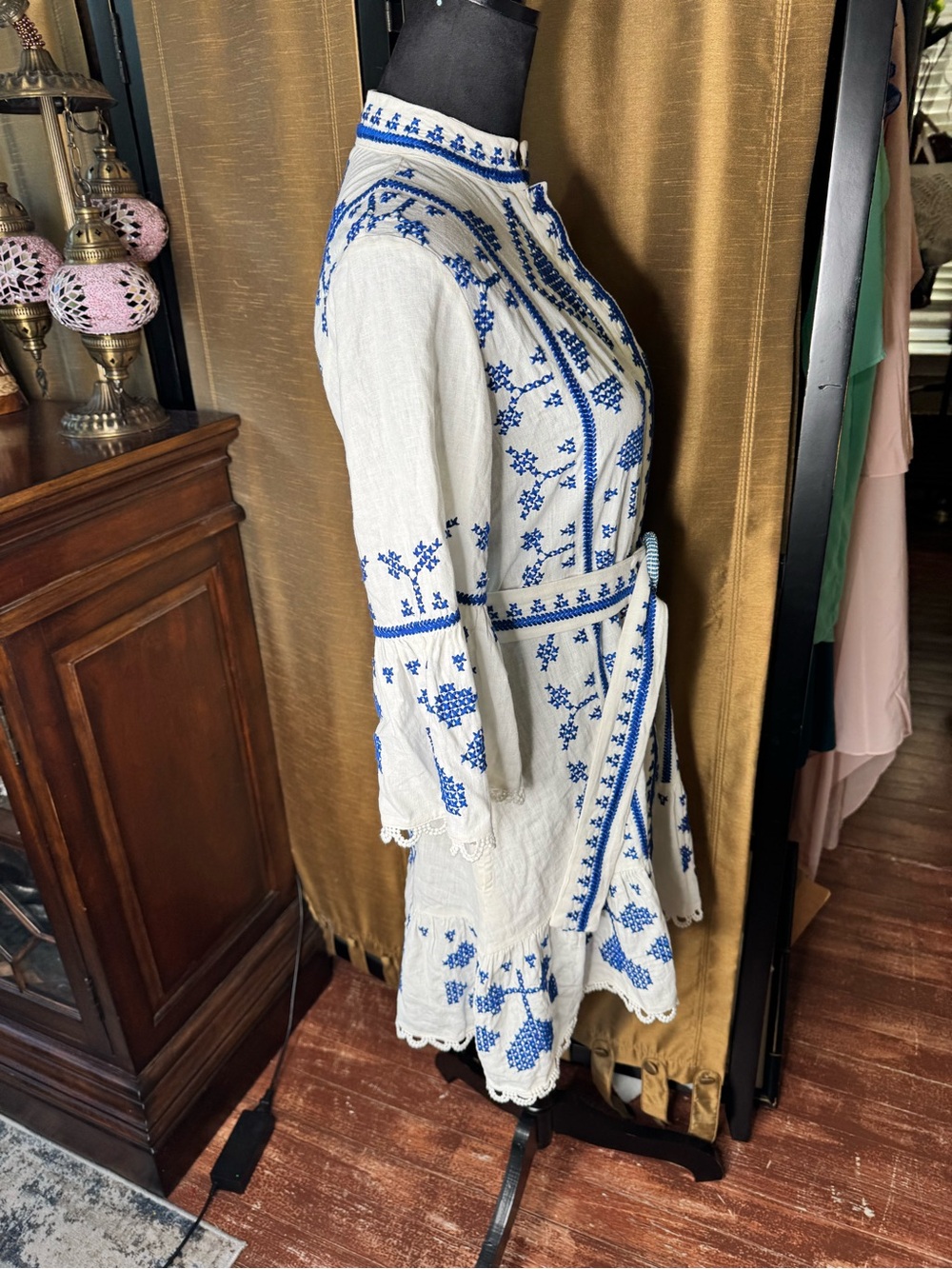 FARM Rio White Blue Cross Stitch Embroidered Midi Dress Band Collar Belt M - Picture 5 of 8